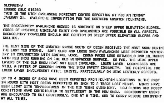 In 1980, if you wanted an avalanche forecast when the Utah Avalanche Center started operations, this is what you got.But in 1980, you couldn’t see the typed script (above), it was recorded onto a phone hot line. And if more than a few people called in at once, you would have to dial the number again later (dialing?).