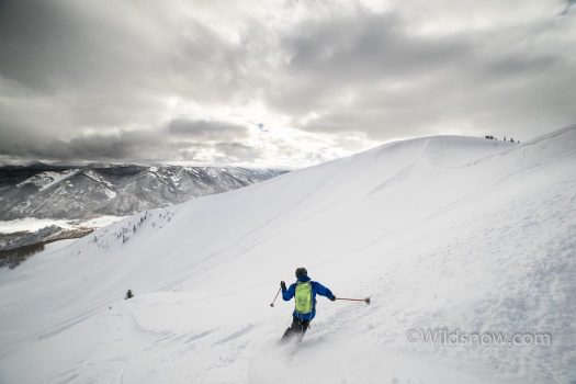 Kim Miller, CEO of SCARPA North America, drops into beautiful powder in the Uinta mountains.