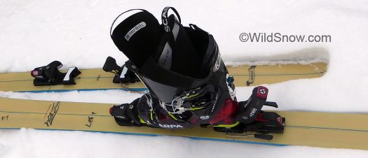 Knee Binding test rig utilizes a pair of Surface brand skis as a platform, they're beefy and have accepted multiple binding mounts.