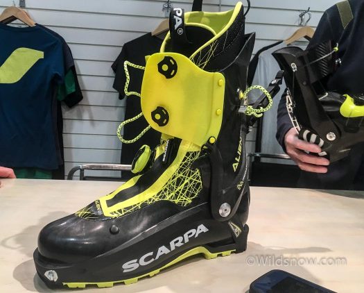 Another new boot from Scarpa for next season: the Alien RS. An updated Alien with LFT reinforced grillamid throughout.  I tried them on quickly; more stiff than the curent alien, but a bit soft for my taste.
