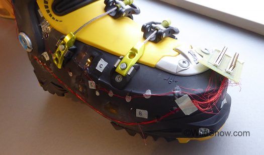 First thing of interest. Sportiva wired up their Spectre boot to figure out exactly where the boot deformed during skiing, so it could be 'body mapped' for reinforcing.