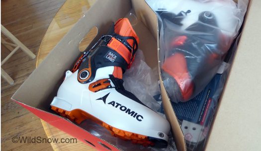 Bonus shot. Look what appeared on the WildSnow front porch. New Atomic Backland Ultimate.