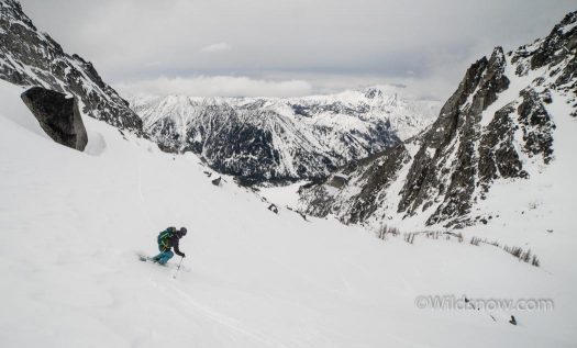 Julia skiing down Asgard pass.