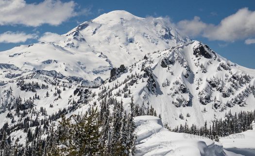 Stunning view of Mt. Rainier, with the Sheep Lake Couloir in the foreground. If you look close you can see our tracks.