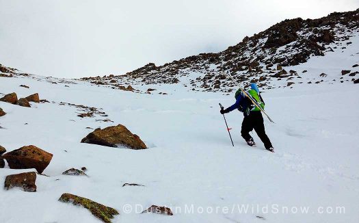 Yours truly booting up the top of the Trooper Couloir. Photo Dustin Moore