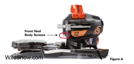 Figure A. Affected bindings have plastic heel unit top, NOT ALUMINUM, screws as indicated may not be installed correctly. Image by G3.