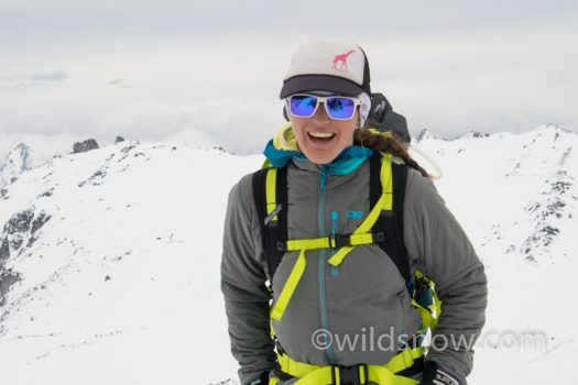 Feeling good ski touring in Outdoor Research Ascendant women's jacket.