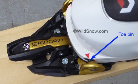 Kingpin toe detail, arrow points to "pin" system used by all tech bindings.