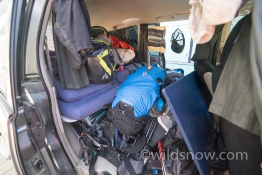A typical scene inside the van. A pile of gear. Gearalanches are a real danger.