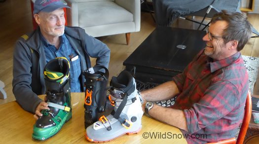 Lou (left) and boot co-developer Fritz Barthel recently met at WildSnow world HQ for a serious boot discussion.