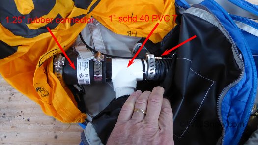 A couple of tricky parts. Plumbing attaches to the balloon via a rubber plumbing connector, white pipe T allows for a deflation port.