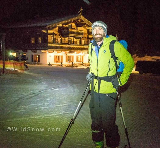 BD Engineer Pete Gompert out for an Austrian night tour while sporting the Helio kit – pants, shell, and gloves.