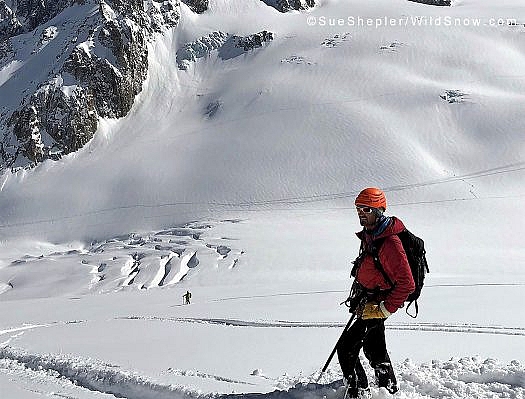 Our guide Ludovic Erard skiing sweep and picking up the pieces when needed.  Photo credit Sue Shepler.