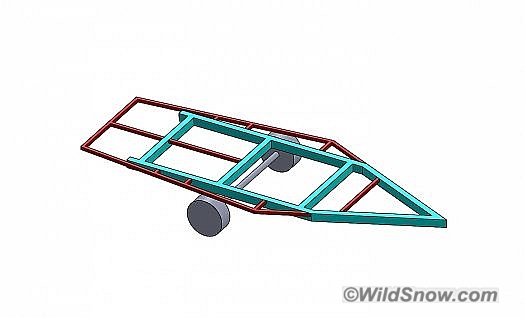 Here's the CAD model showing the floor plan. The blue is the original trailer frame, and the red parts are the portions I welded on. It ended up a bit different in real life, but it's fairly similar.