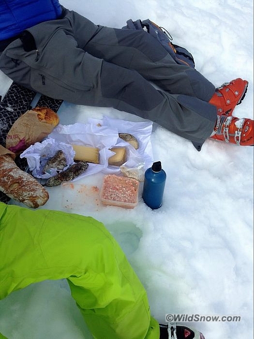 A crusty bread, a couple of hunks of cheese, some dried sausages, and you are set! If you are eating outside like this in France, someone will invariably ski by you and yell a cheery “Bon Appétit! Photo by Aaron Schorsch.