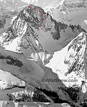 Sneffels viewed from the north, Snake marked with red dots. 