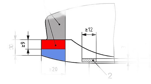 Derivative excerpt from standard 9523, presented here for educational purposes. Note the critical 9 mm dimension area, indicated by red, is where nothing can protrude from the boot toe surface. The area indicated by blue is where a tech fitting can protrude slightly, as the QSI does.
