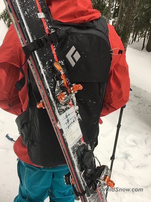 The ski carry works well, although the bottom loop is barely large enough for my 115 underfoot skis.