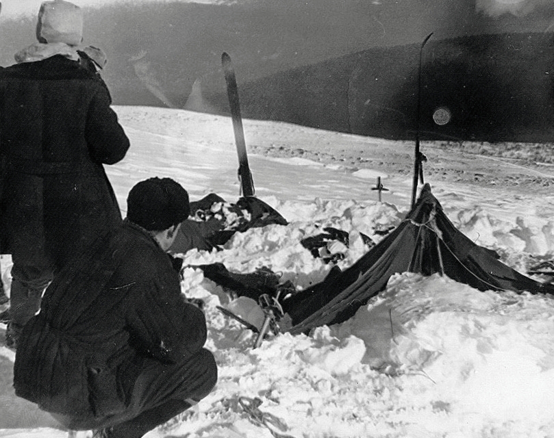Soviet investigators on the scene, Dyatlov Pass, January 1959.