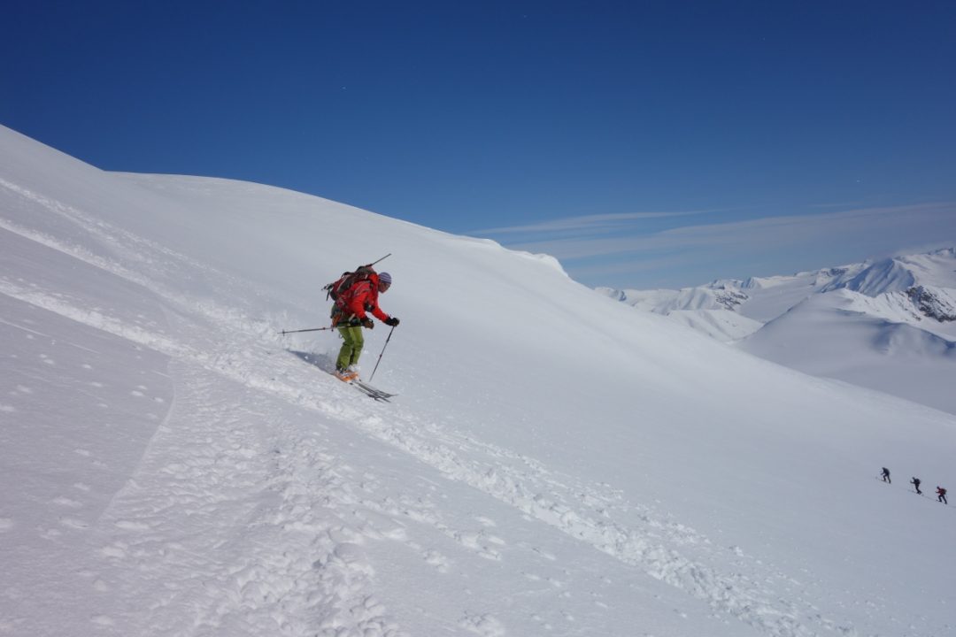 Phil Wickens, expedition leader, enjoys sun-softened snow with glaciers disappearing to the horizon ... and three teammates coming back up the skintrack for another serving." Photo credit: Rob Coppolillo