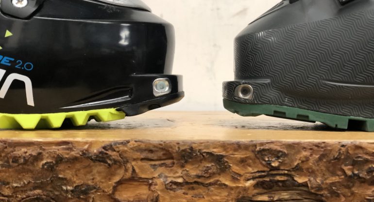 The boot on the left has far more rocker than the more Free Ride sole on the right. Also notice the hard plastic on the right to interface with MNC bindings.