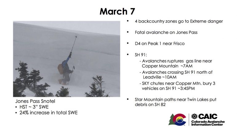A Power Point slide from Lazar's talk. Each day of the storm cycle resulted in similar magnitudes of destruction and road closures. The photo of the crown on the left gives good scale for just how big these avalanches were breaking. 