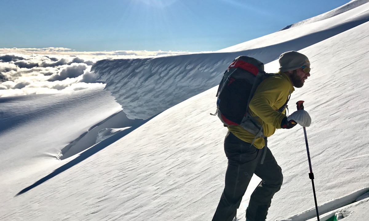 Doug utilizing flip over mitt of the CAMP G Comp Warm, or Mickey Mouse gloves as he calls them, on Volcan Villarica, Chile