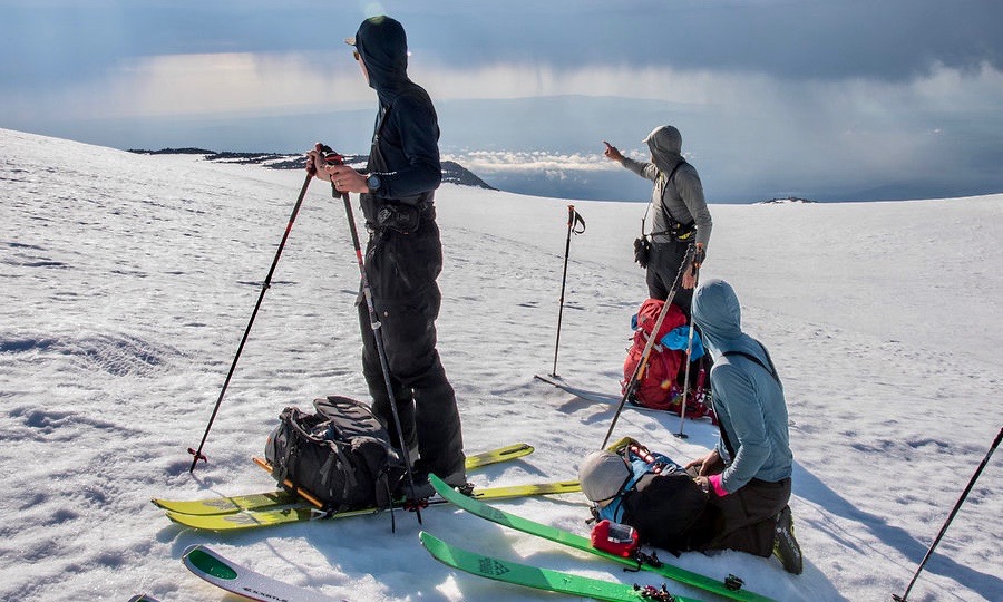 Springtime often means dropping down to a sun hoody. Cal and I here in the OR Echo, Drew with a BD offering during a break on Mt. Adams, WA. photo: @alwaysadventuring