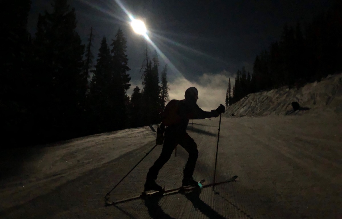 Nothing like a moonlit walk for trying out a ski called the Blacklight.