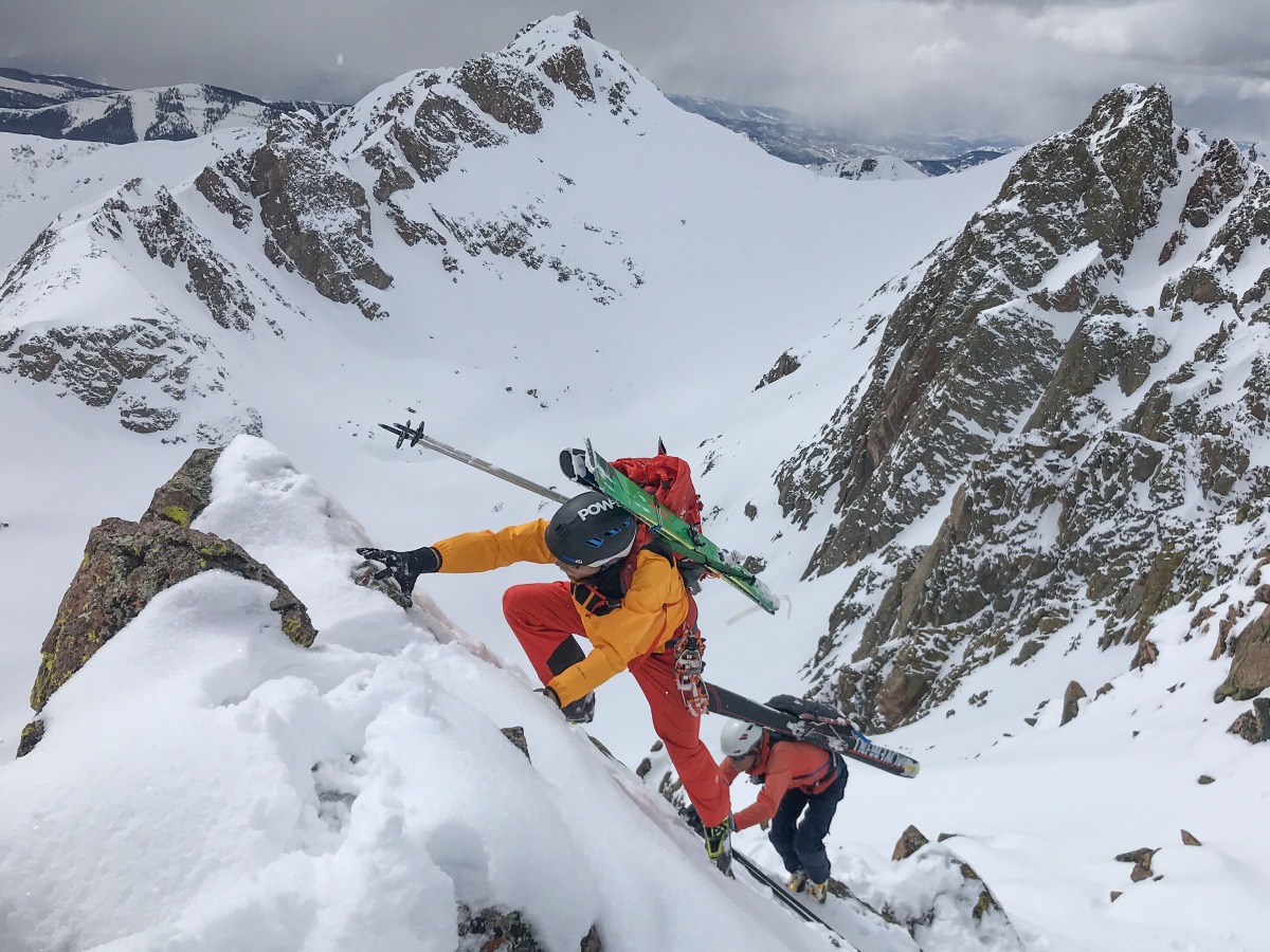 Jason Killgore and Chris Baldwin completing the Precipitation Peaks Tour in the Gore Range, skiing lines rain, sleet, hail, and snow from Silverthorne to Vail.