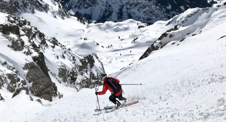 Steep, sunny, alpine skiing. The shimmed forward and power strapless Skorpius was fantastic.