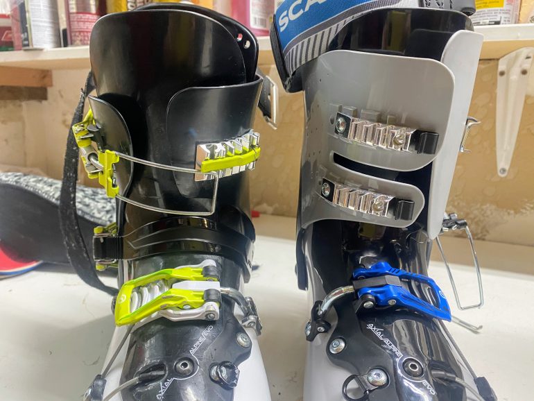 The view of the front of the boots shows the extra plastic in front of the foot, this adds considerable stiffness to the boot.