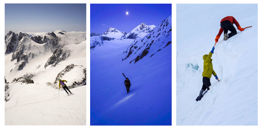 Left Photo: Gavin making the first turns off the summit of Gannett Center Photo: Slator bootpacking in the Purple Hour at dawn Right Photo: Jumping the camp cornice wasn't enough for our last night, we sieged the cornice ground up
