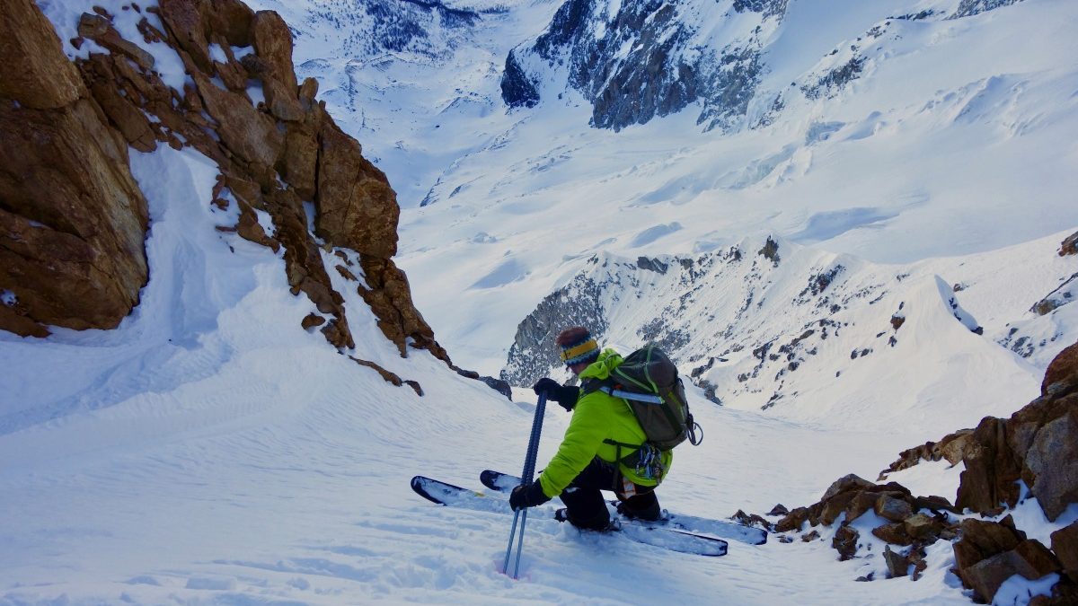 At least one part of steep skiing is having the right gear. Here, a short (45- to 50-centimeter) piolet stashes unobtrusively under your pack’s shoulder strap, allowing you to deploy it mid-slope if needed.