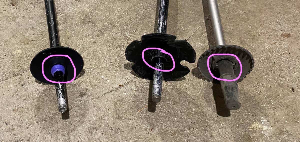 The pole on the left allows for basket replacement, (basket can be twisted off) when the other 2 poles on the right do not. 