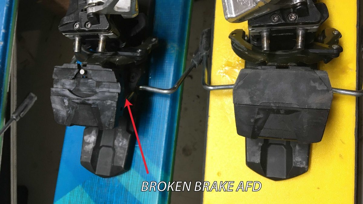 Broken/missing brake AFD. This isn’t a critical failure, and these bindings are still in daily use. However, the missing AFD could compromise the release of the binding, so it’d be best to replace the brakes.