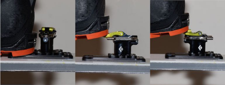 Side by side comparison of the three riser settings. Flat Riser (+0mm) Second heel riser (+37mm) and Third heel riser (+45mm)