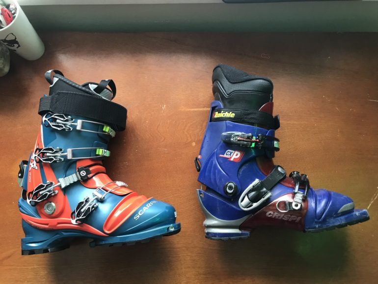 New(ish) tech v. old school cool. The Scarpa TX Pro is obviously a much beefier boot than my well-worn, 2nd hand Crispi CxP. The instep buckles of the Scarps are one of their trademark features, said to provide a more secure tele flex.