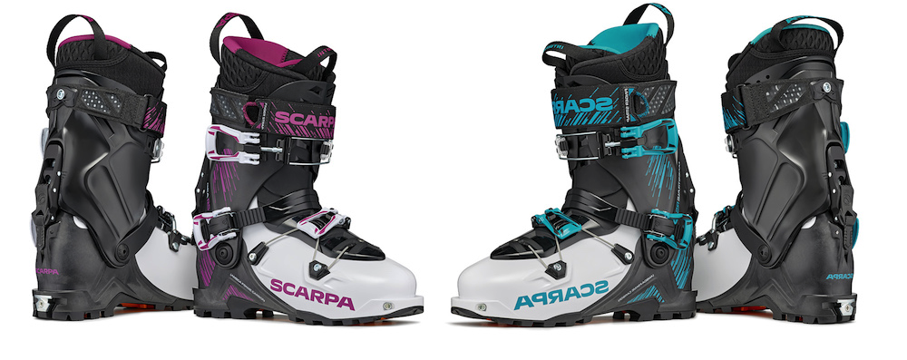 The magenta Gea RS and Aqua Maestrale RS feature new more sustainable materials, the Walk XT ski/walk mechanism, and fancy exoskeleton cuffs and shells to help transfer power through the boot