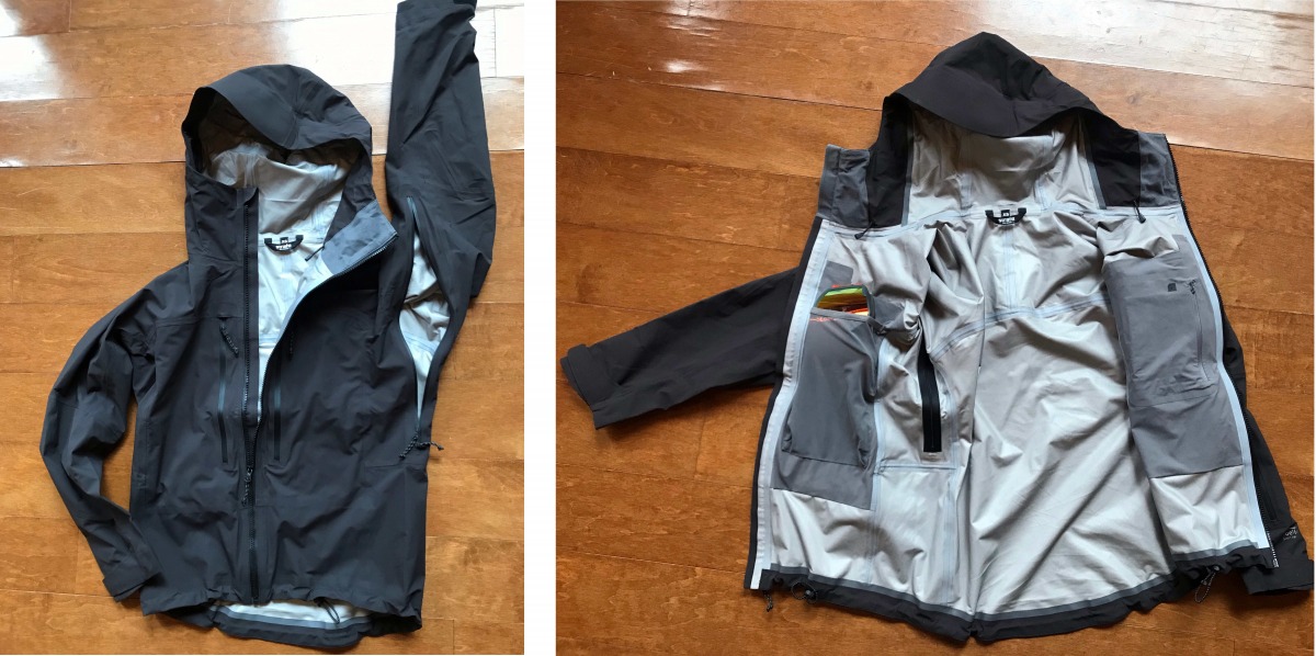 The Schoeller fabric is deceivingly thin for the performance it offered. The jacket also features to large outer chest pockets, a small inner media pocket and goggle pouch. Note the length of the pit zip in the left photo. I did find it unwieldily to adjust on the fly.