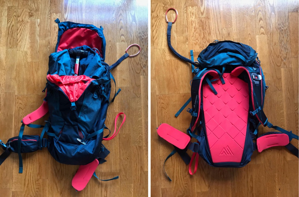 The Gregory Targhee 35 is a fully featured backcountry ski pack.  Left: The avalanche gear sleeve is visible. The main compartment can be accessed either via a drawstring or full side zip. The ski carry is easy to deploy with the loop on the bottom right and bungee that goes across the shoulders to secure on the shoulder strap. Right: This pack is robust, with a comfortable (but warm) foam backing, padded hip and shoulder straps, removable brain, and attachments for ice axes and diagonal or A-frame ski carry.