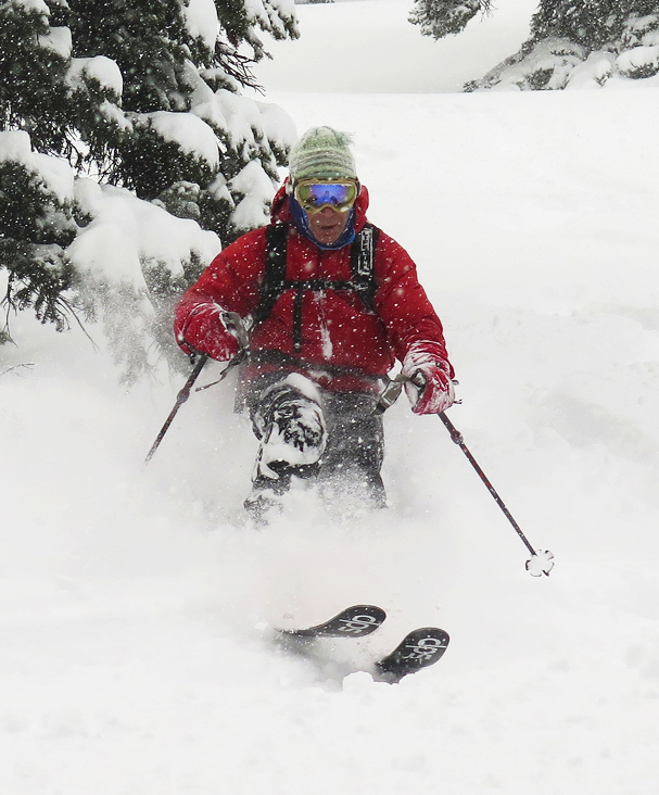 Pain-free skiing: what a concept! Ted Kerasote in the Tetons. Photo by Lisa Dawson