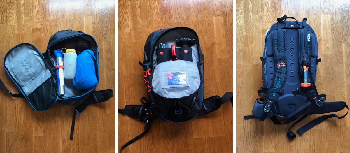 The Ortovox Avabag 25 is relatively low profile avalanche pack. The main compartment is spacious enough for basic essentials. It also has a diagonal ski carry and ice axe attachments. Center: The pack also has a separate sleeve with labels for avalanche gear and a rescue card. Right: the trigger is adjustable and easy to grab. The S version is for shorter backed guys and gals.