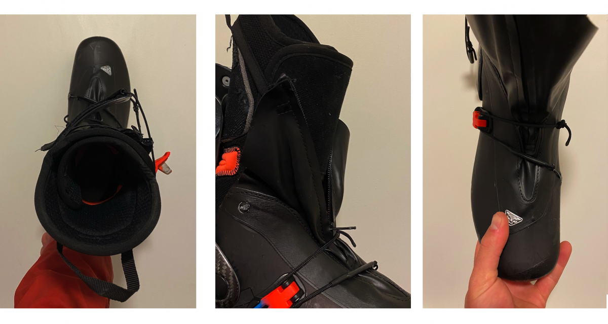 Left: A top view of the boot in walk mode with the Ultralock 1.0 buckle in a prime pole or tree branch snagging position. Middle: The bikini liner gaiter has lackluster elastic webbing to hold it up and insufficient coverage to keep out moisture. Right: The shell dyneema cord closure system is located on top of the foot where I find it to collapse the arch if appropriately buckled down