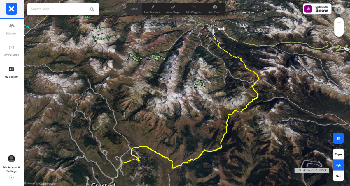 The course route, mapped here in the 3D setting of onX Backcountry.