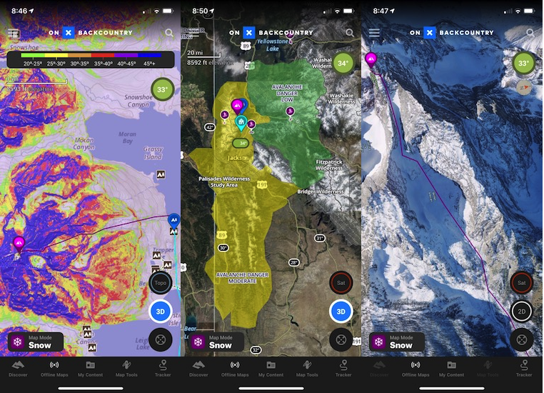 OnX has Snow Map Mode specific features: Slope Angle Shading (left), Avalanche Forecasts (center) and a 3D Satellite mode (right) with winter imagery. These all played helpful roles in planning out our ski on Mount Moran.