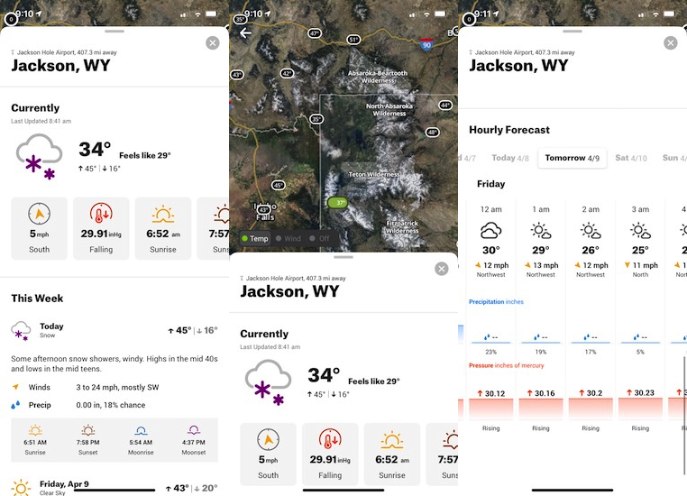 The OnX integrated weather conditions and forecast make point forecasting weather easy. There are current weather conditions for Jackson (left), weather overlays for temp and wind (center) and a detailed forecast (left).