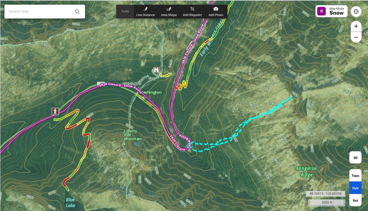 The route on Kangaroo Couloir as shown in the onX Backcountry app.