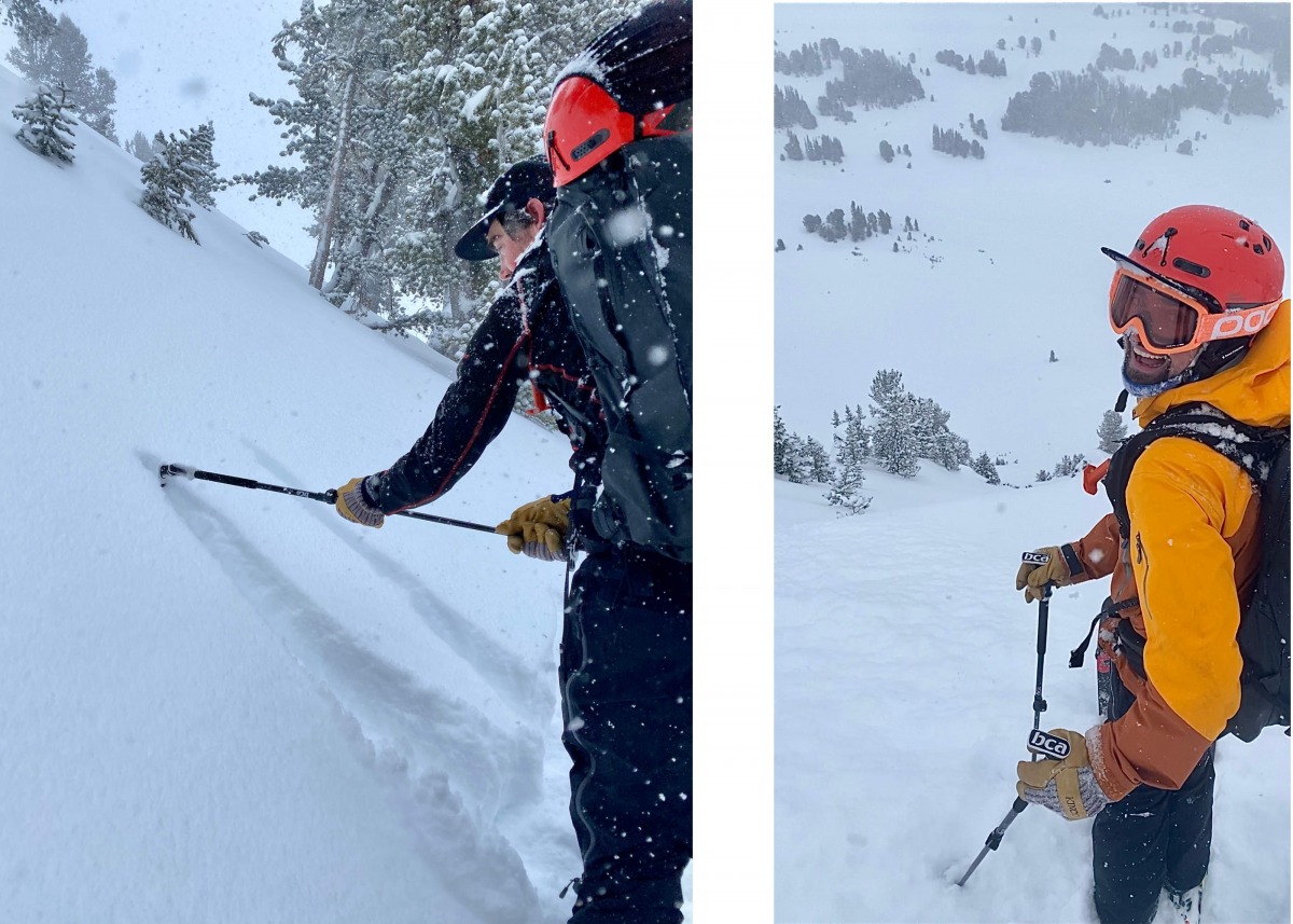 Left: Digging a hasty pit with the grip in “hoe mode” works really well. Right: Psyched to test out the Scepters in some light Montana pow.