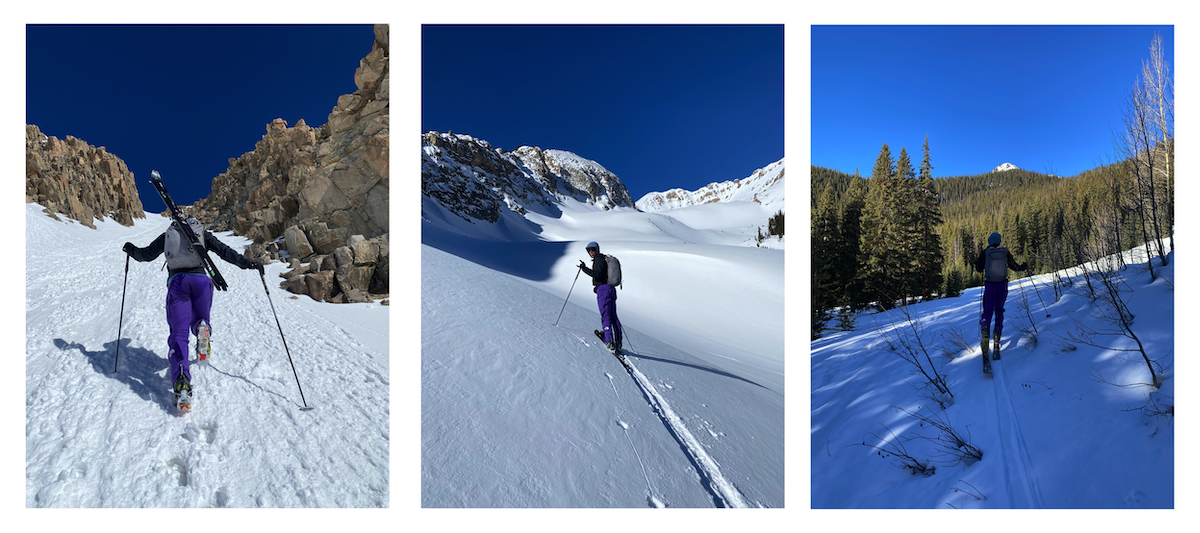 Our ascent from right to left: (1) Approaching Hayden Peak on the American Forks summer trail. (2) Reaching the east basin of Hayden Peak. It was classic, clear, calm, Colorado ski day weather. (3) Bootpacking up a south couloir to gain a subsummit of Hayden Peak